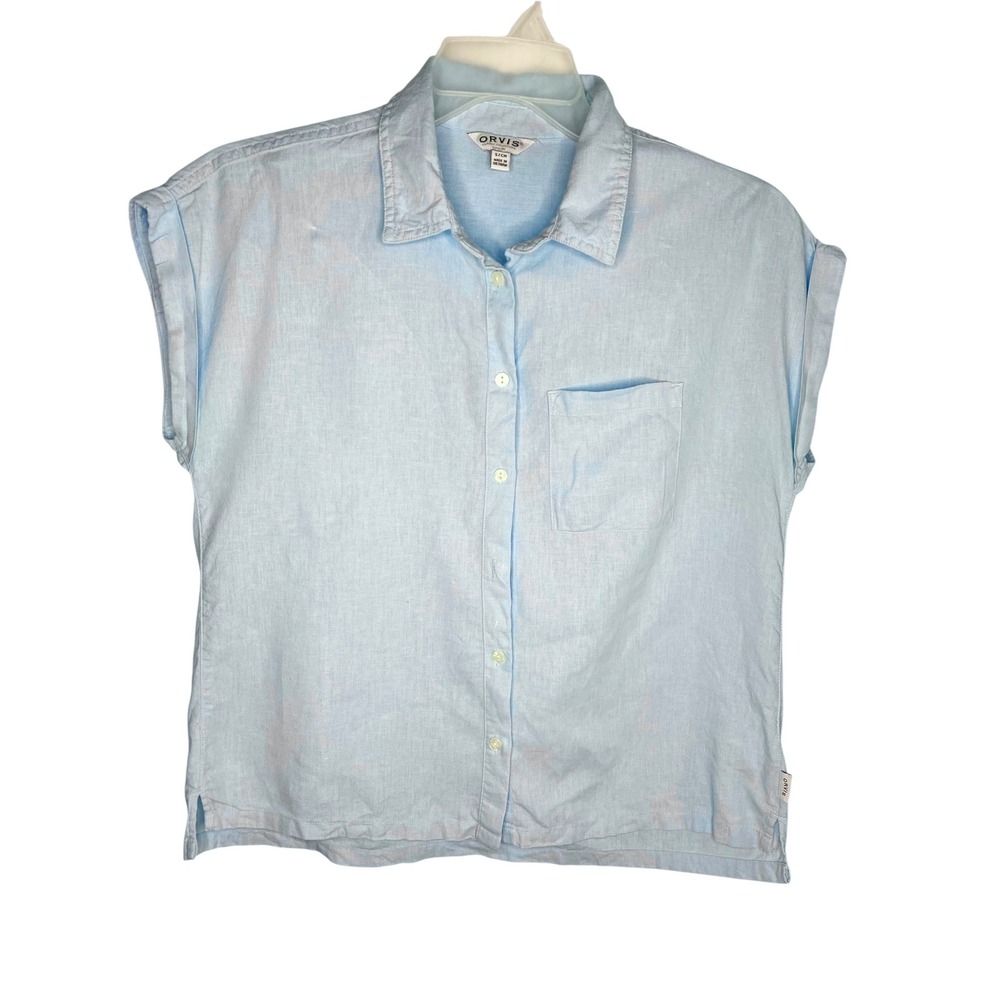 Orvis Womens Light Blue Linen Blend Cap Sleeve Button Down Shirt Size Small